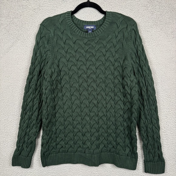 Lands End Sweater Kids L Green‎ Drifter Cable Knit Cotton Fisherman Preppy Warm - Picture 2 of 10